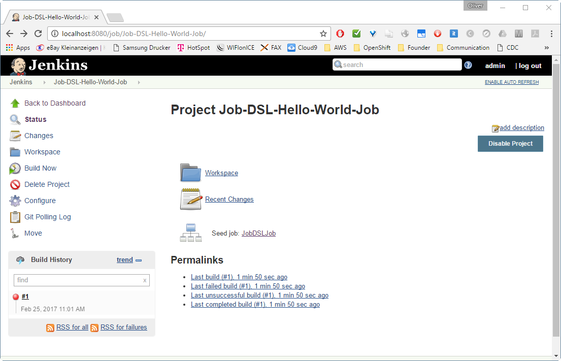 Project Job-DSL-Hello-World-Job showing build failure