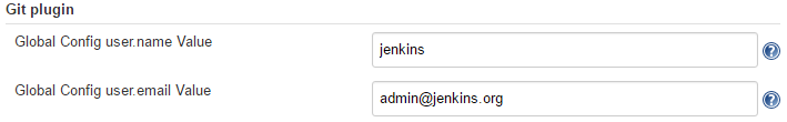 Git plugin; user.name = jenkins and user.email = admin@jenkins.org