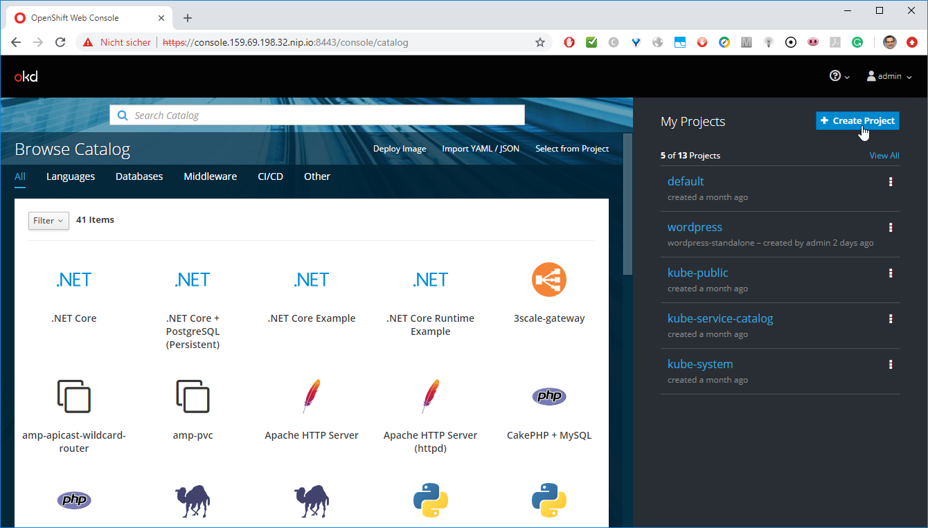 Openshift Web Console Project Installing WordPress via OpenShift